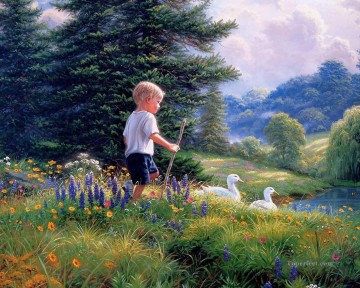 ペットと子供 Painting - 少年とアヒルの田舎のペットの子供たち